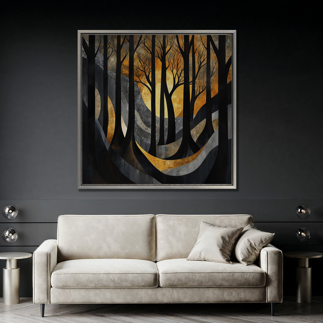 Framed Wall Art: Abstract forest scene in black, gold, and gray. Modern art Canvas Print adds a touch of elegance to any interior design.