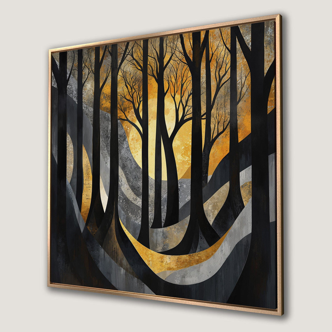 Framed Wall Art: Abstract forest scene in black, gold, and gray. Modern art Canvas Print for your home decor.