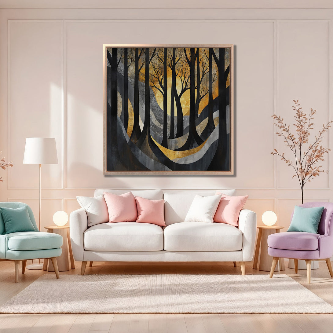 Framed Wall Art: Abstract forest scene in gold, gray, and black. Modern art print adds a touch of elegance to any interior. Shop now for home decor!