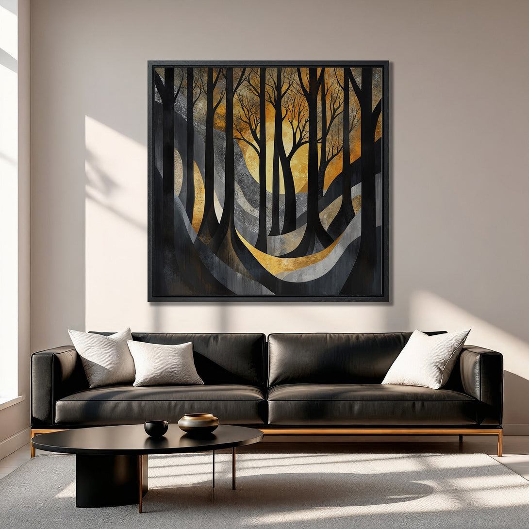 Framed Wall Art: Abstract forest scene in black, gold, and gray. Modern art canvas print adds a touch of elegance to any living room.
