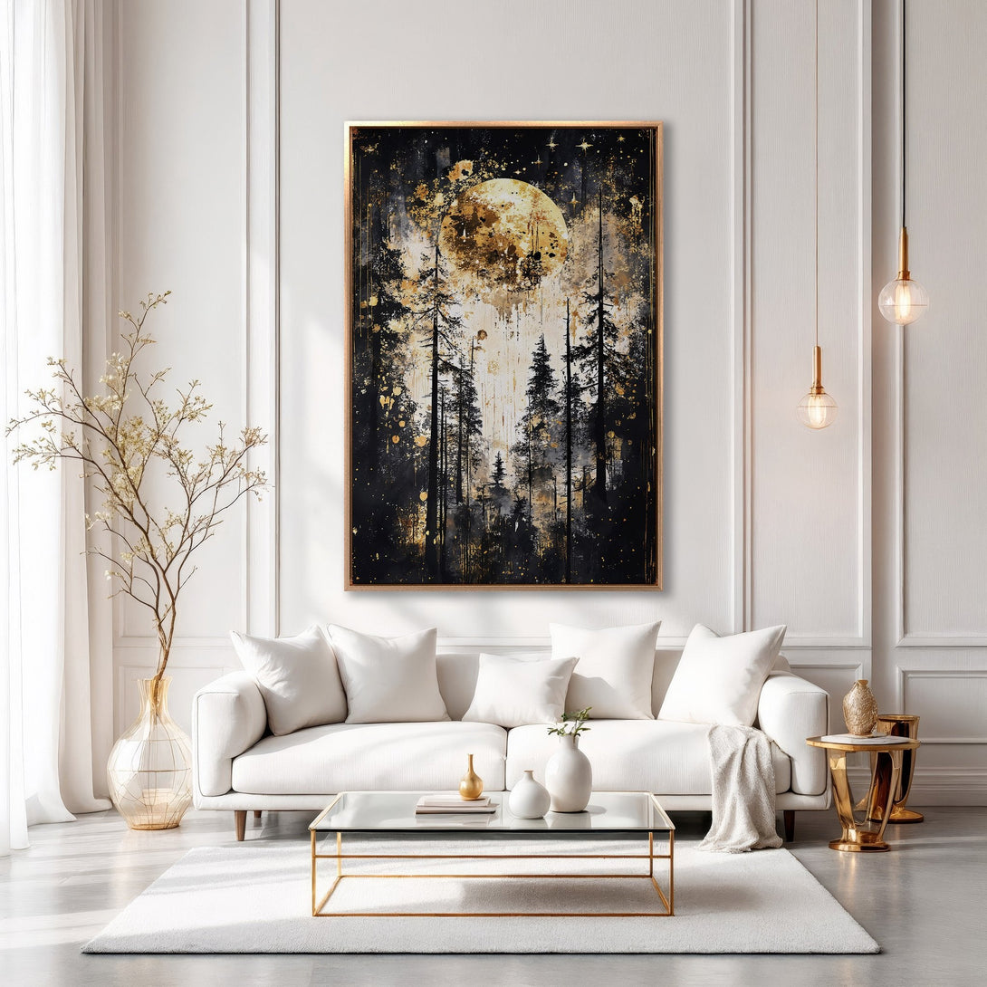 Framed Wall Art: Abstract forest scene with moon, gold and black palette. Modern canvas print for living room decor.