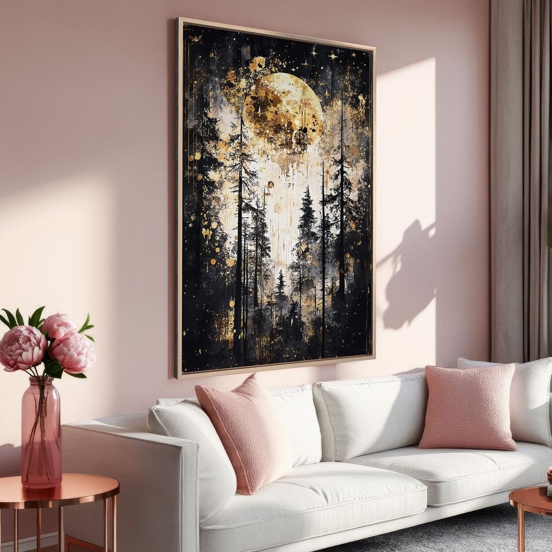 Framed Wall Art: Abstract forest scene with a moon in black, gold, and white. Modern art for living room decor, adding a touch of elegance.