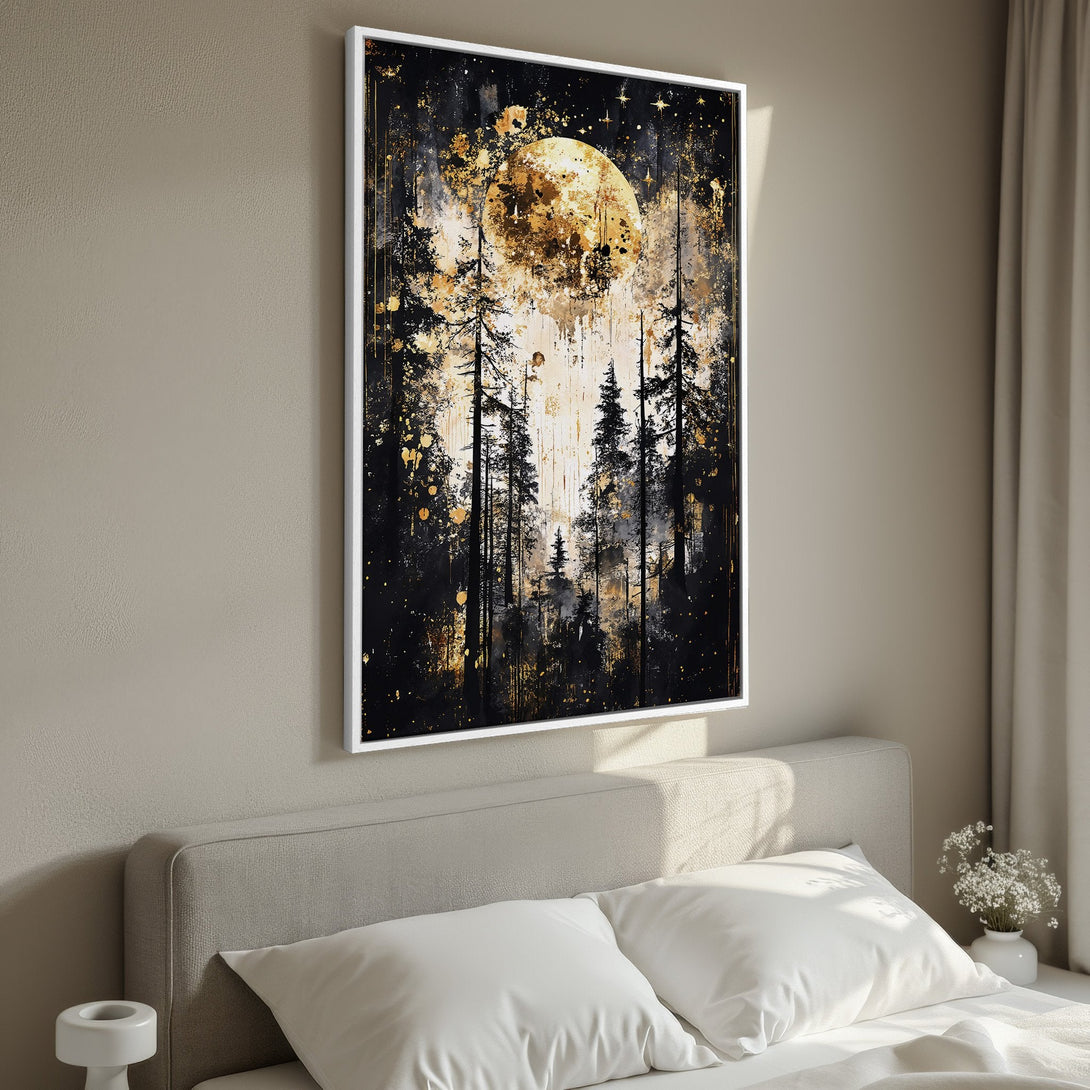 Framed Wall Art: Abstract forest scene with a golden moon. Black, gold, and neutral color palette. Perfect for bedroom decor.