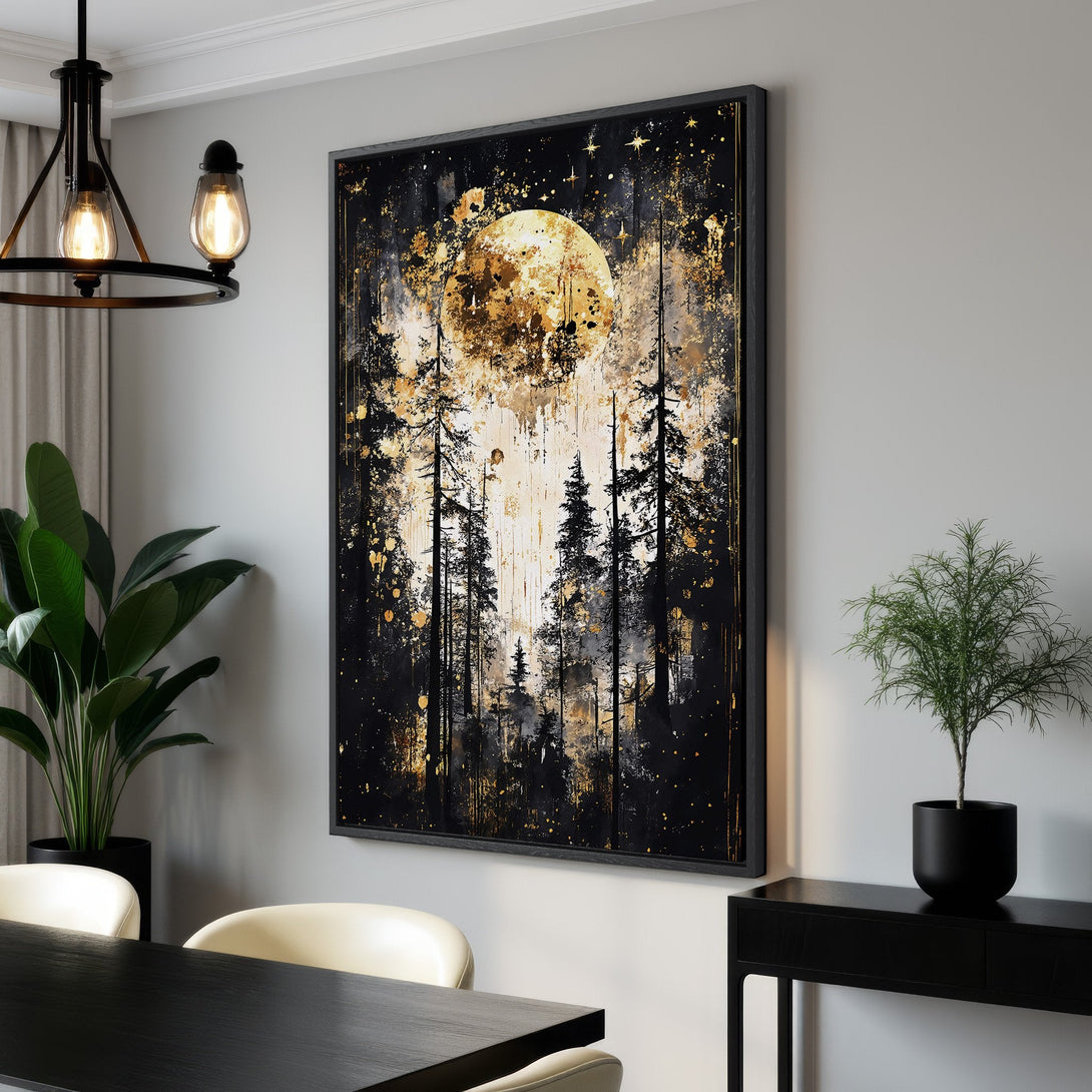 Framed Wall Art: Abstract forest scene with a golden moon. Modern, stylish art in black, white, and gold color palette. Perfect for adding elegance to your home.