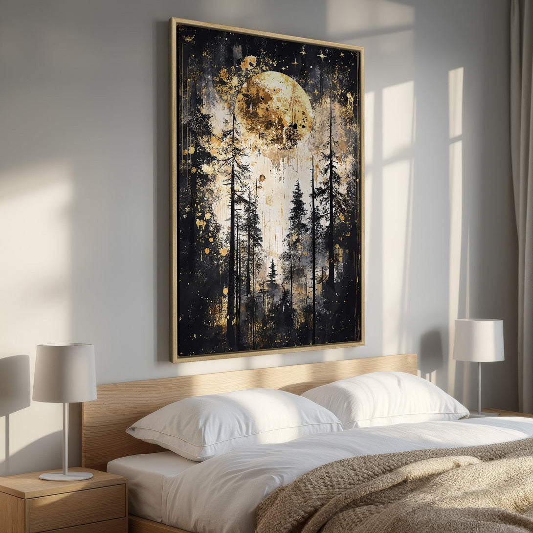 Framed Wall Art: Abstract forest scene with a golden moon. Black, gold, and white color palette. Perfect for adding a touch of nature-inspired elegance.