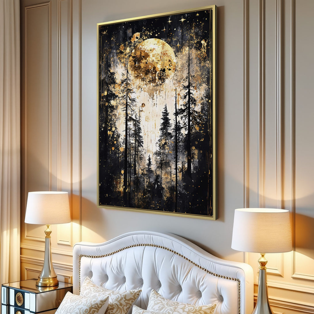 Canvas Print: Abstract forest scene with a golden moon, black, gold, and white color palette. Modern wall art for your home.