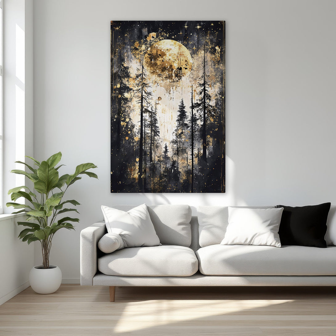 Framed Wall Art: Abstract forest scene Canvas Print with gold and black tones. Perfect for adding a touch of luxury and style to your bedroom decor.