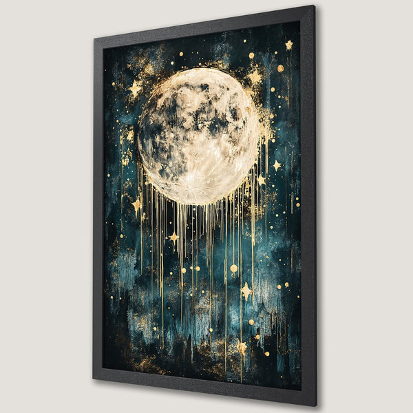 Framed Poster featuring a celestial moon art print in teal and gold. Modern abstract style for home decor.