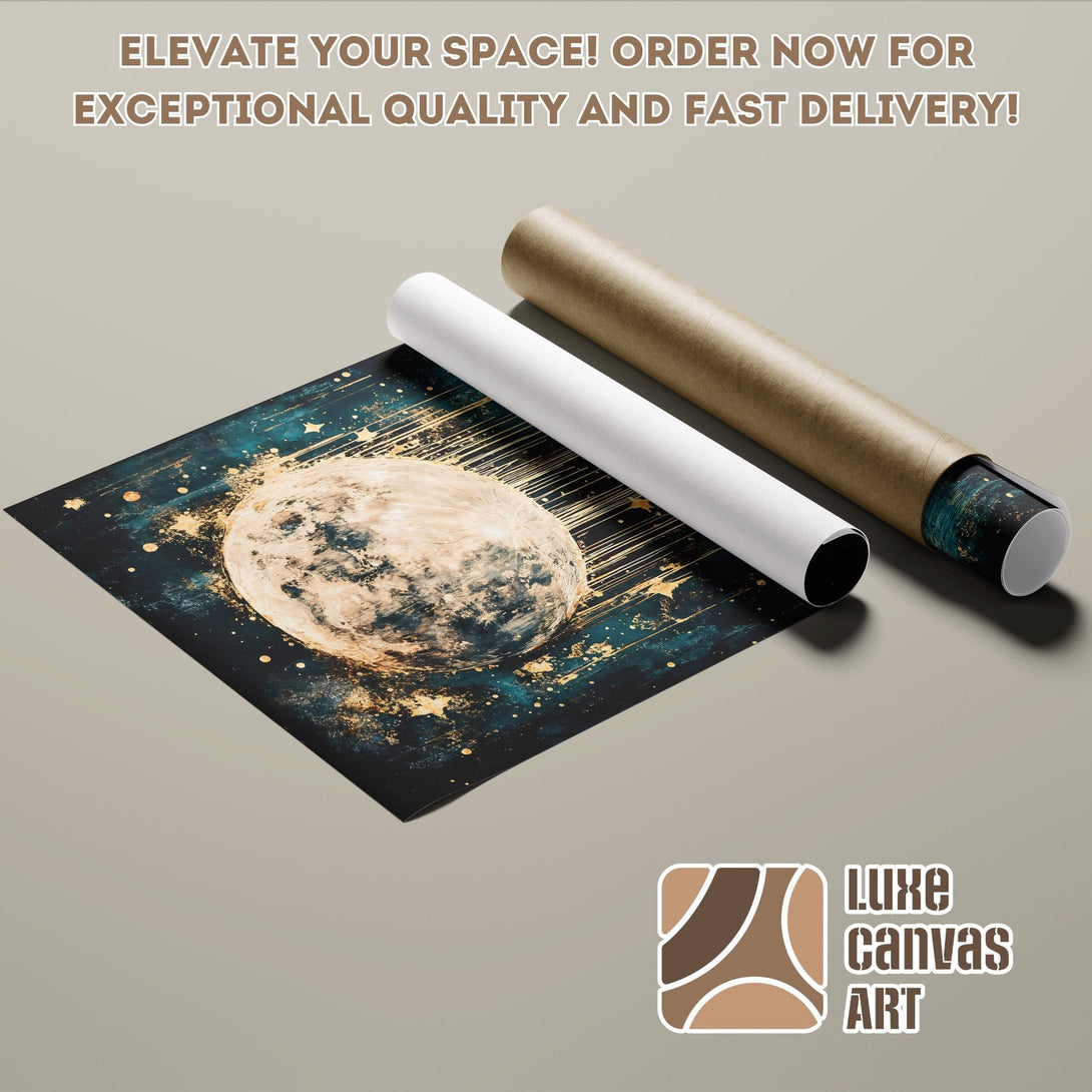 Abstract moon poster roll art in teal, gold, and beige. Elevate your space!