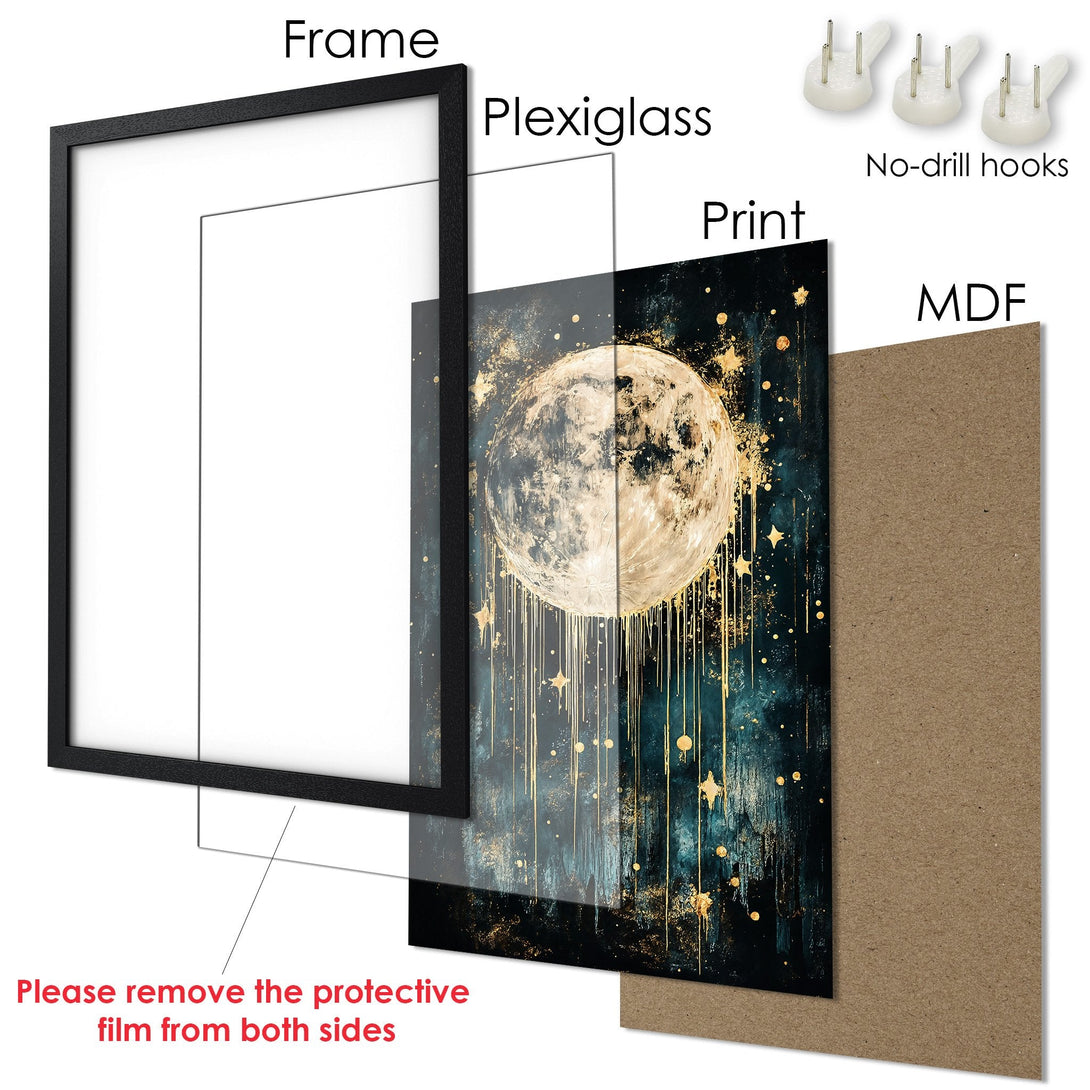 Framed Poster featuring a moon art print in teal and gold. Modern, abstract style. Ready to hang!
