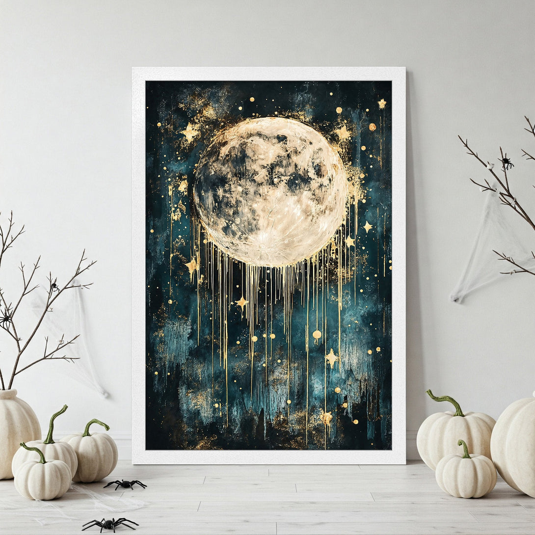 Framed Poster featuring a celestial moon art print in teal and gold tones. Perfect for Halloween decor!