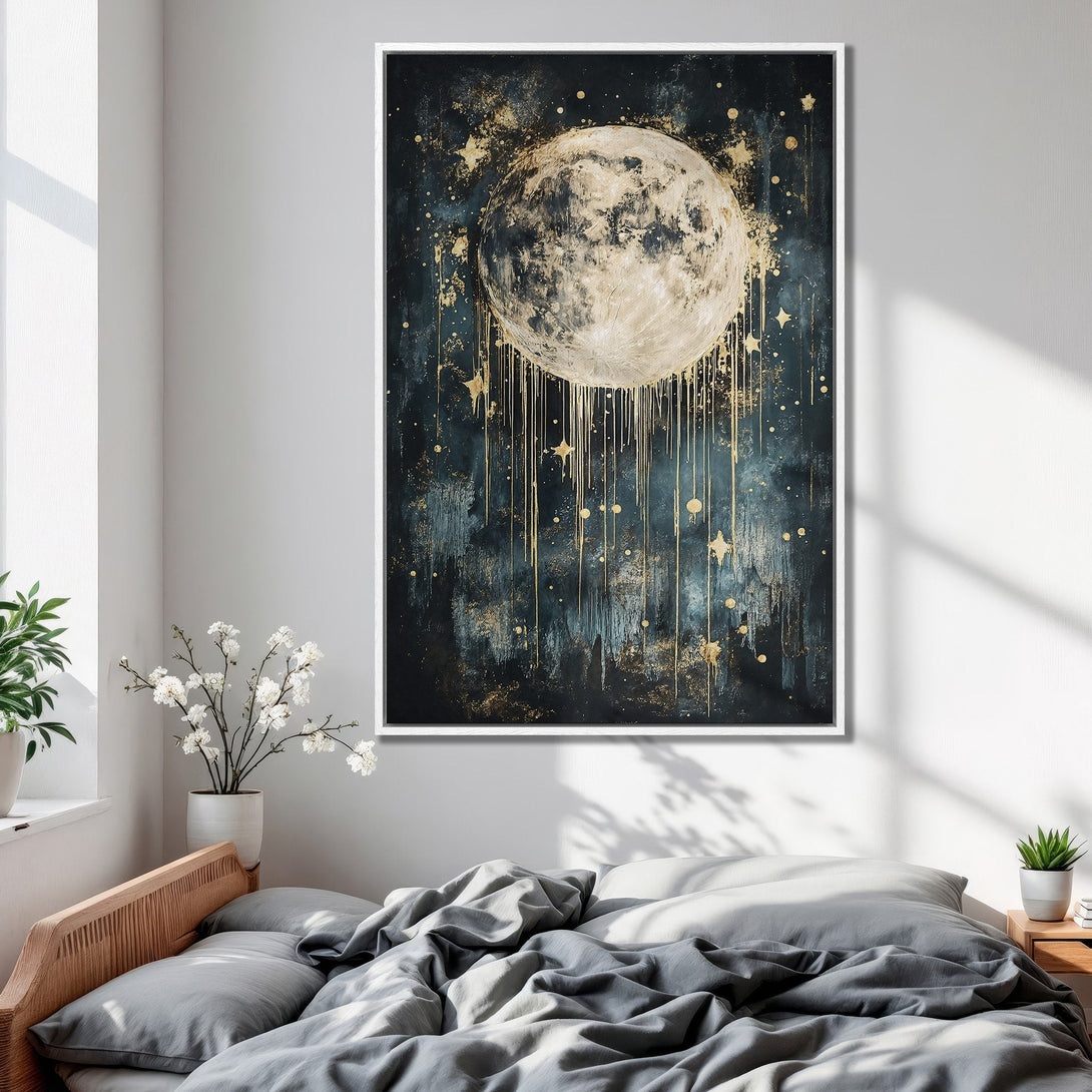 Framed Wall Art: Abstract moon art in dark blue and gold tones. Modern celestial canvas print for bedroom decor.