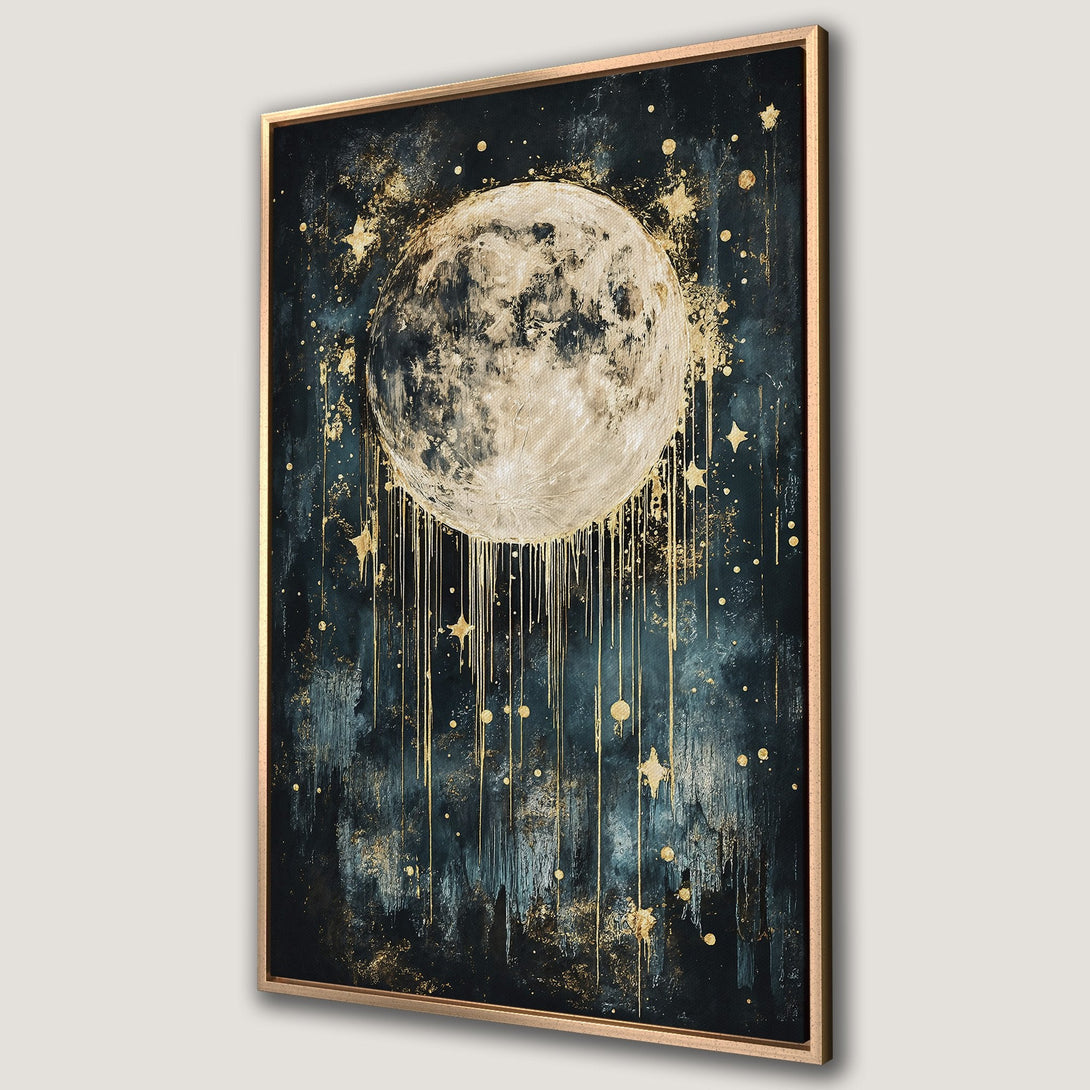 Framed Wall Art featuring a celestial moon design in a dark teal and gold color palette. Modern abstract art for your home decor.