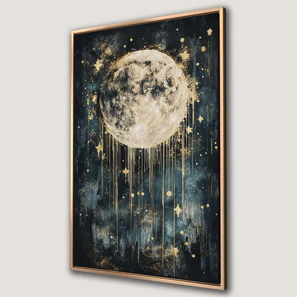 Framed Wall Art featuring a celestial moon design in a dark teal and gold color palette. Modern abstract art for your home decor.