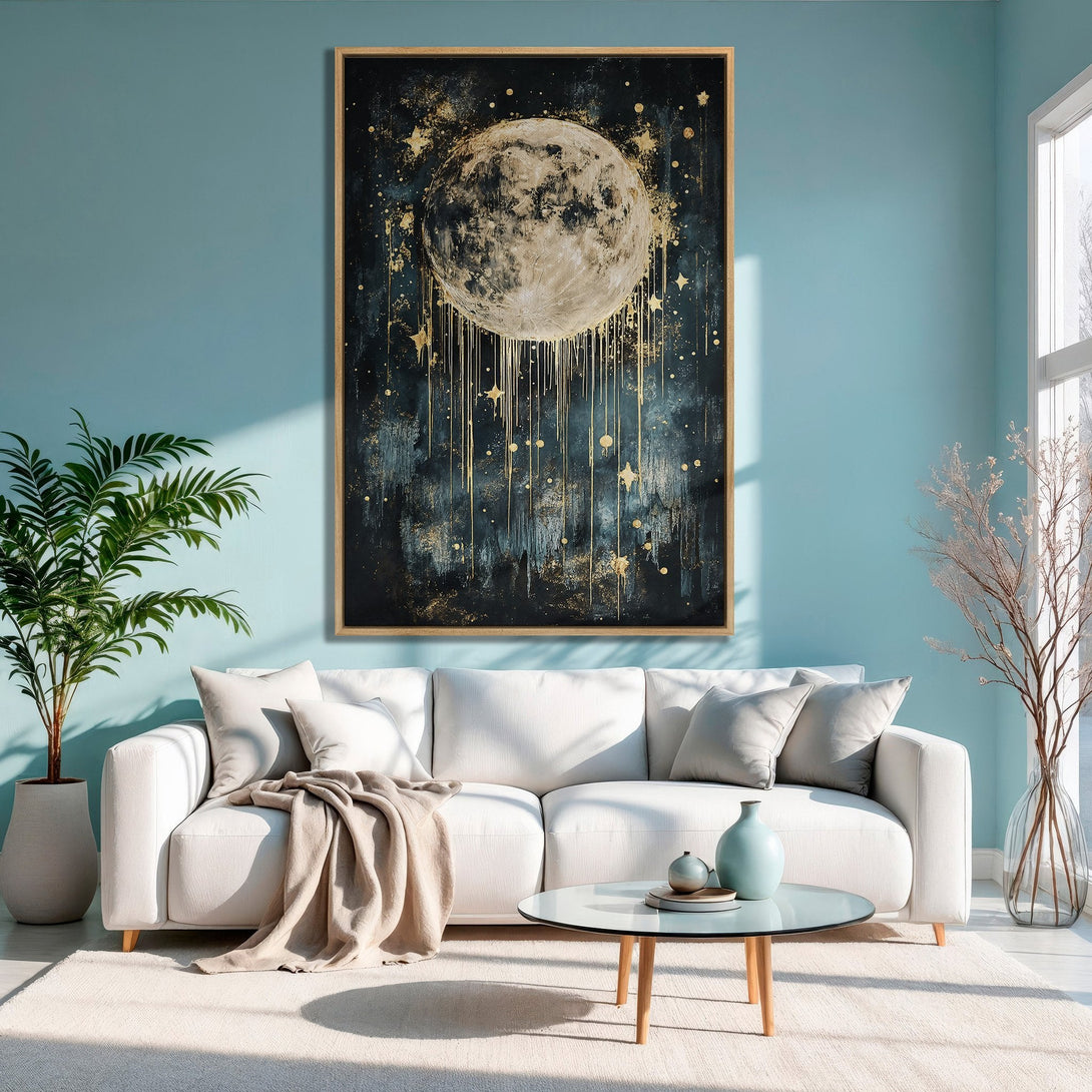 Framed Wall Art: Abstract moon art print in gold and navy blue, adding a touch of celestial elegance to any space. Modern home decor.
