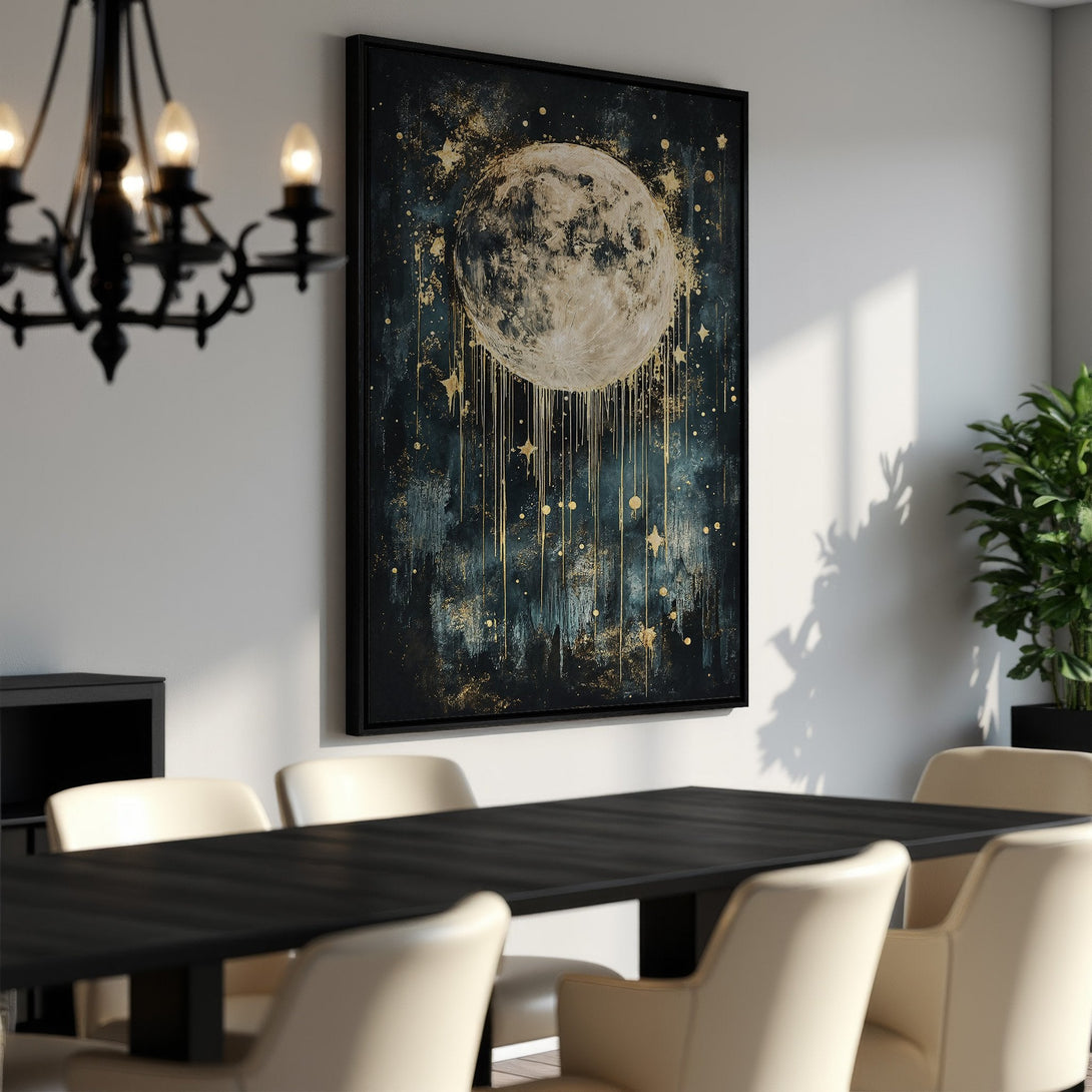 Framed Wall Art featuring a celestial moon and stars in a dark teal and gold color palette. Perfect for adding a touch of luxury to your dining room.