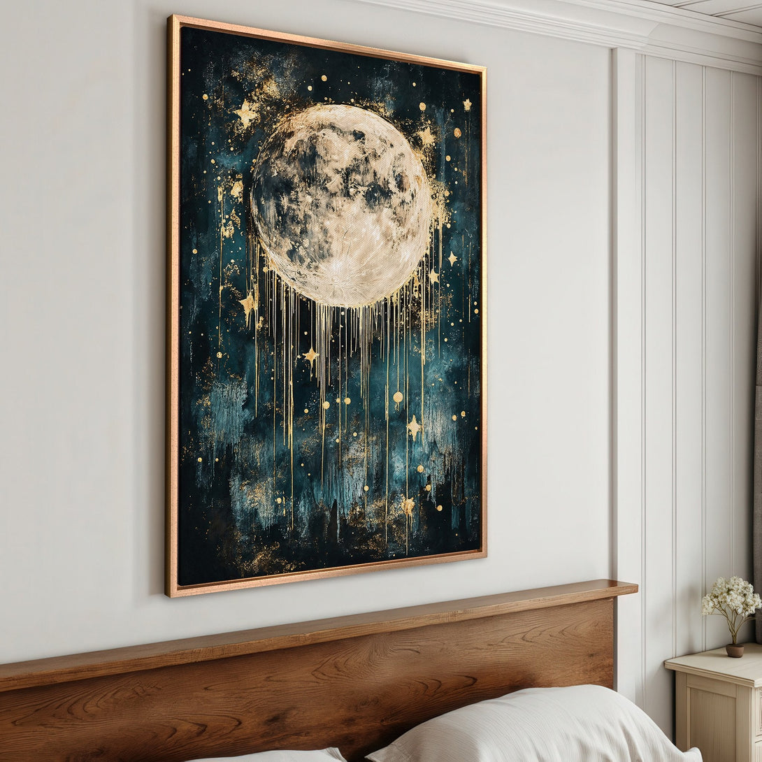 Framed Wall Art: Abstract moon art in teal and gold. Modern canvas print adds celestial elegance to any room. Shop now for unique wall decor!