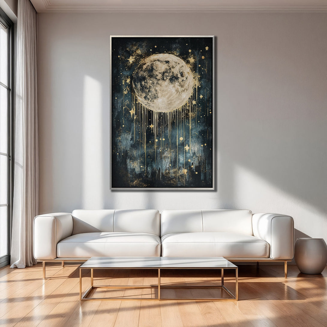 Framed Wall Art: Abstract moon art print in dark blue, gold, and beige. Modern celestial decor for living room.