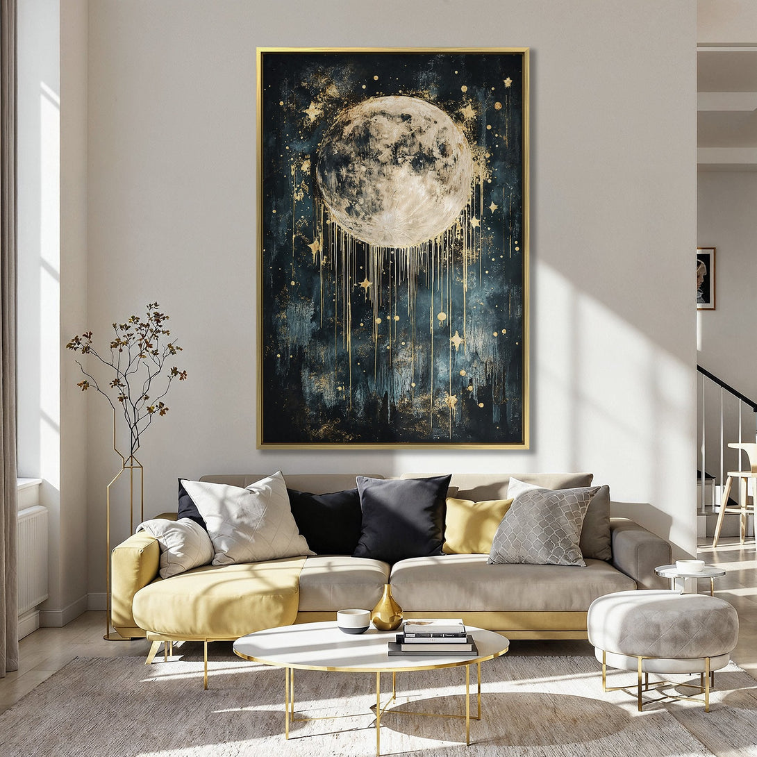 Canvas Print of a celestial moon art piece in a teal and gold color palette, displayed in a kitchen interior with a pink wall.