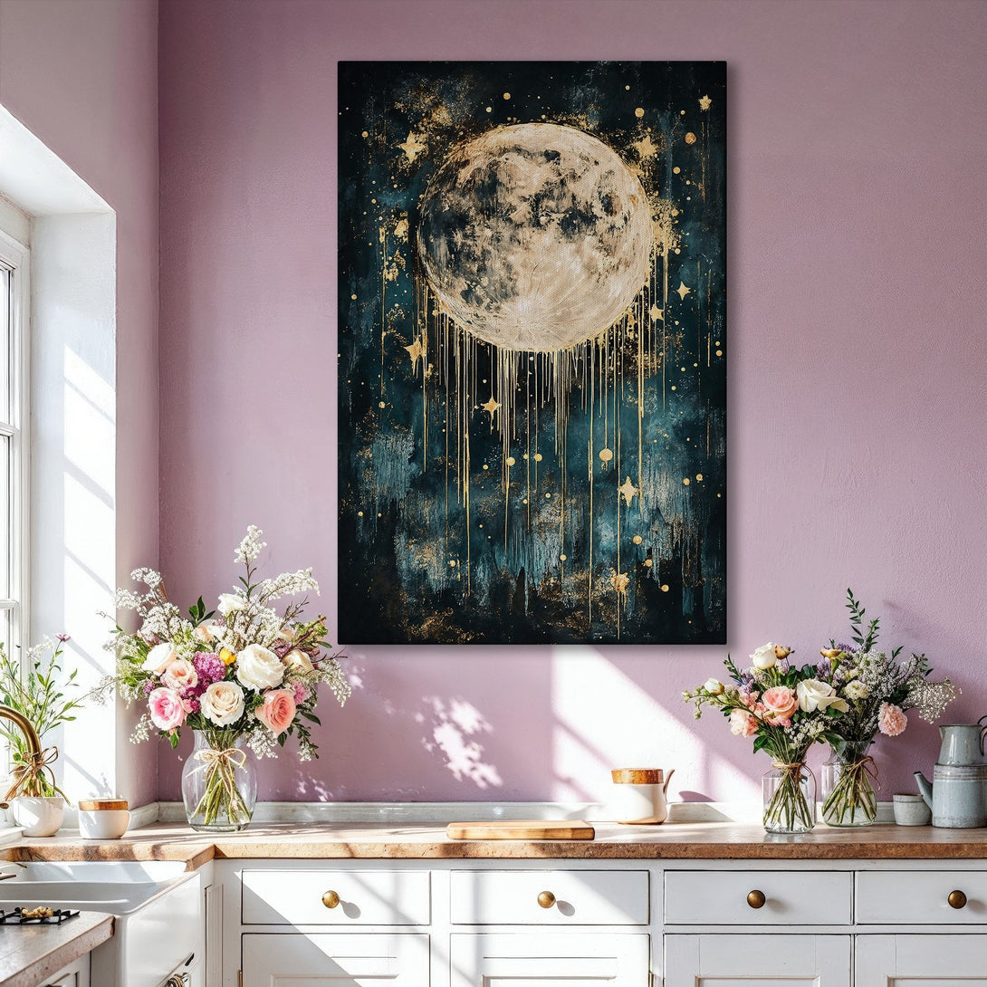 Framed Wall Art: Abstract moon art in teal and gold. Modern canvas print adds celestial elegance to living room decor. Dark, moody color palette.