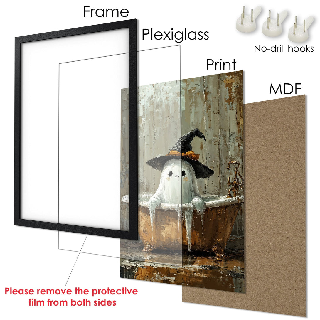 Framed Poster featuring a whimsical ghost in a bathtub, painted in a warm, earthy palette. Perfect Halloween decor!