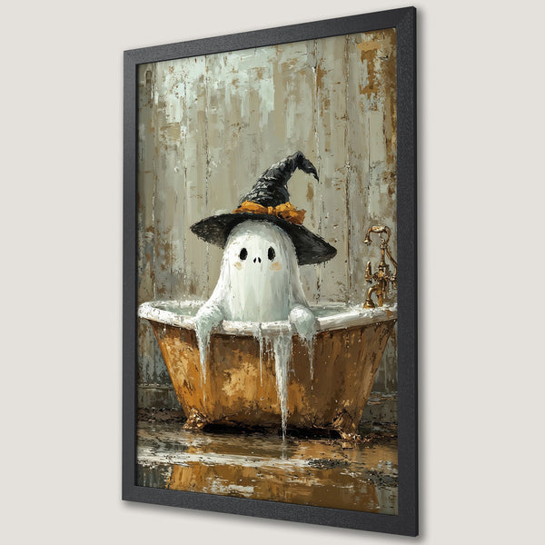 Framed Poster featuring a cute ghost in a witch hat taking a bath. Rustic style with a warm, earthy color palette. Perfect Halloween decor!