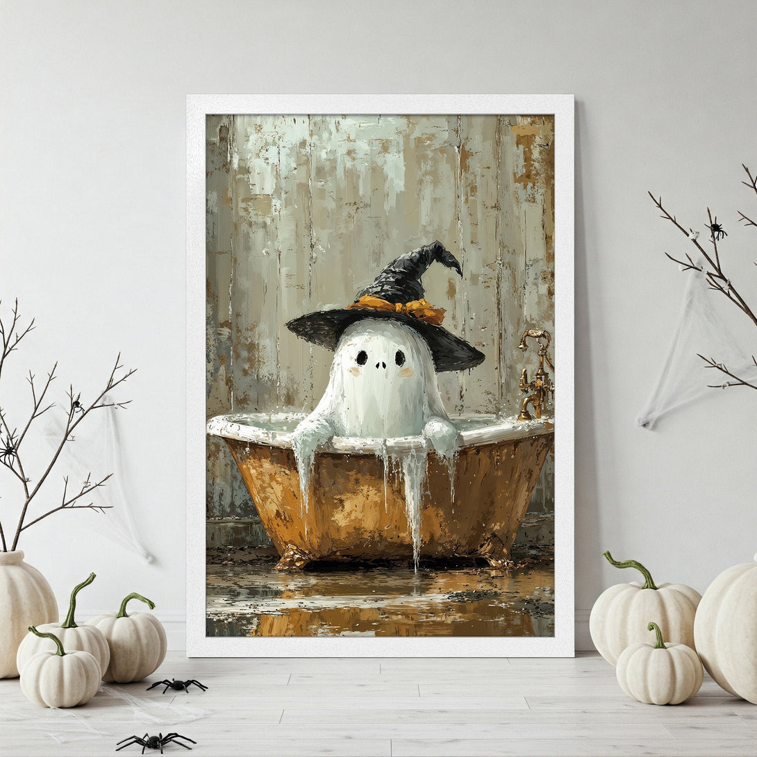 Framed Poster of a cute ghost in a witch hat taking a bath. Rustic style, warm neutral color palette, perfect for Halloween decor.