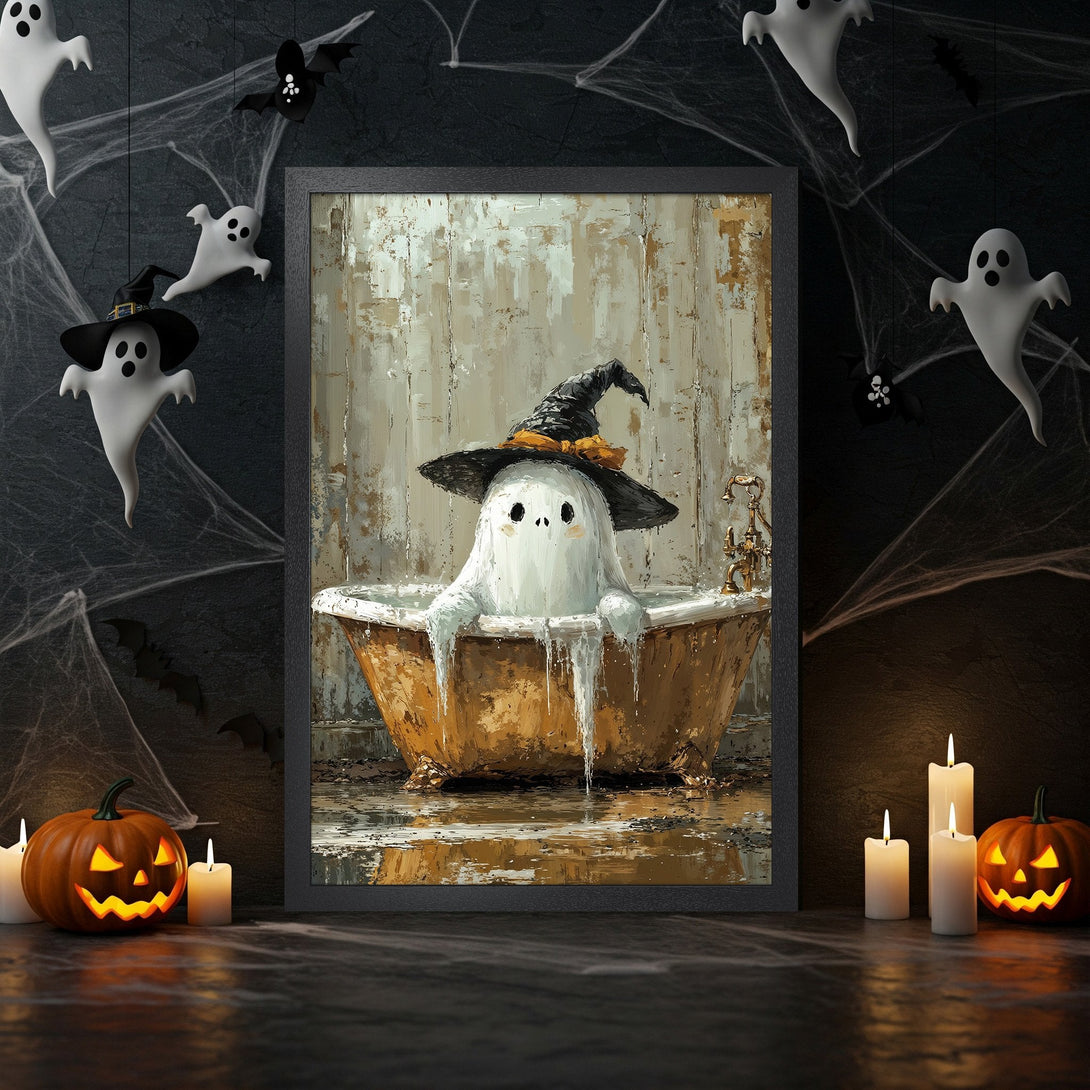 Framed Poster: Cute ghost in a witch hat taking a bath. Halloween art in a warm, rustic color palette. Perfect for spooky decor.