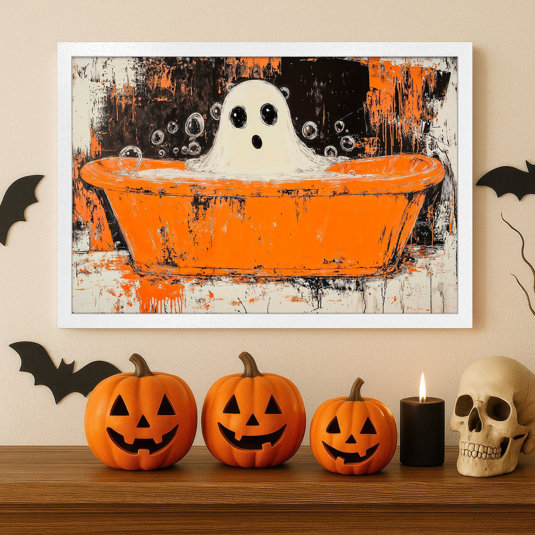Framed Poster: Halloween ghost in orange bathtub, abstract style art. Perfect spooky decor! Black, white, and orange color palette.