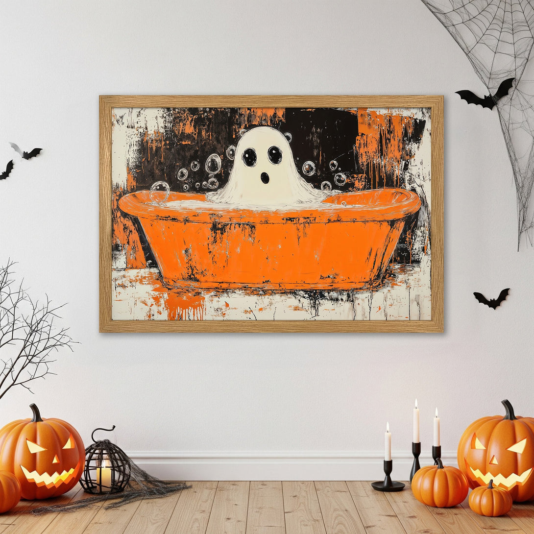 Framed Poster: Halloween ghost in bathtub, abstract style, orange, black, and white color palette. Spooky wall art.
