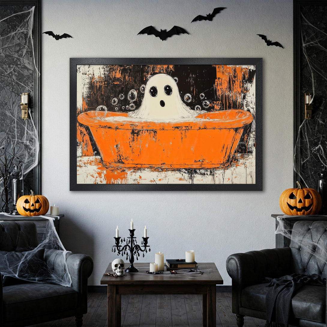 Framed Poster featuring a ghost in a bathtub. Abstract style with orange, black, and white color palette. Perfect Halloween decor!