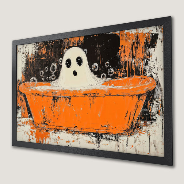 Framed Poster: Ghost in bathtub art, abstract style, orange, black, and white color palette. Perfect Halloween decor!