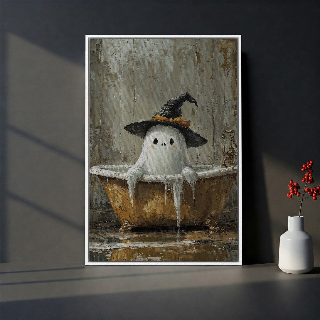 Framed Wall Art: Cute ghost in a witch hat taking a bath. Oil painting style, neutral color palette with gold accents. Perfect Halloween decor!