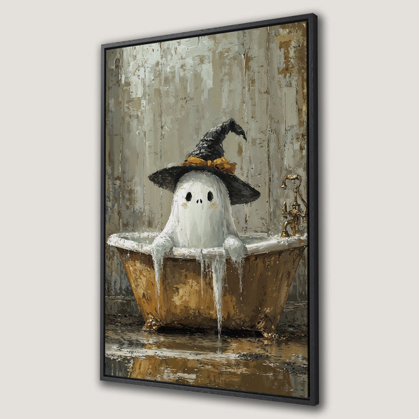 Framed Wall Art: Whimsical ghost in a witch hat taking a bath. Artistic style with a beige, gold, and black color palette. Perfect Halloween decor.