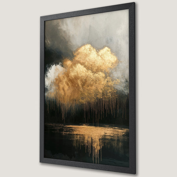 Framed Poster featuring an abstract gold and black landscape painting. Modern art print with a moody, elegant color palette.