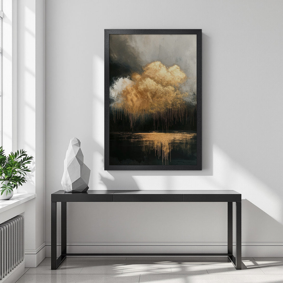 Framed Poster featuring abstract gold cloud art. Modern style, dark & gold color palette. Elevate your space with this stunning wall art.