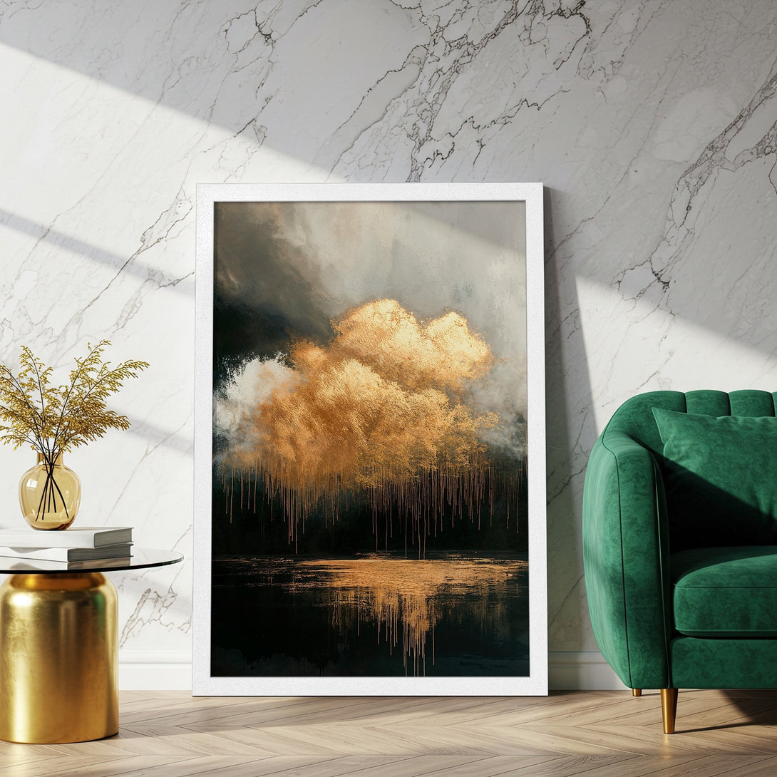 Framed Poster: Abstract gold cloud art print. Modern decor with a moody, dark color palette. Elevate your space with this stunning poster.