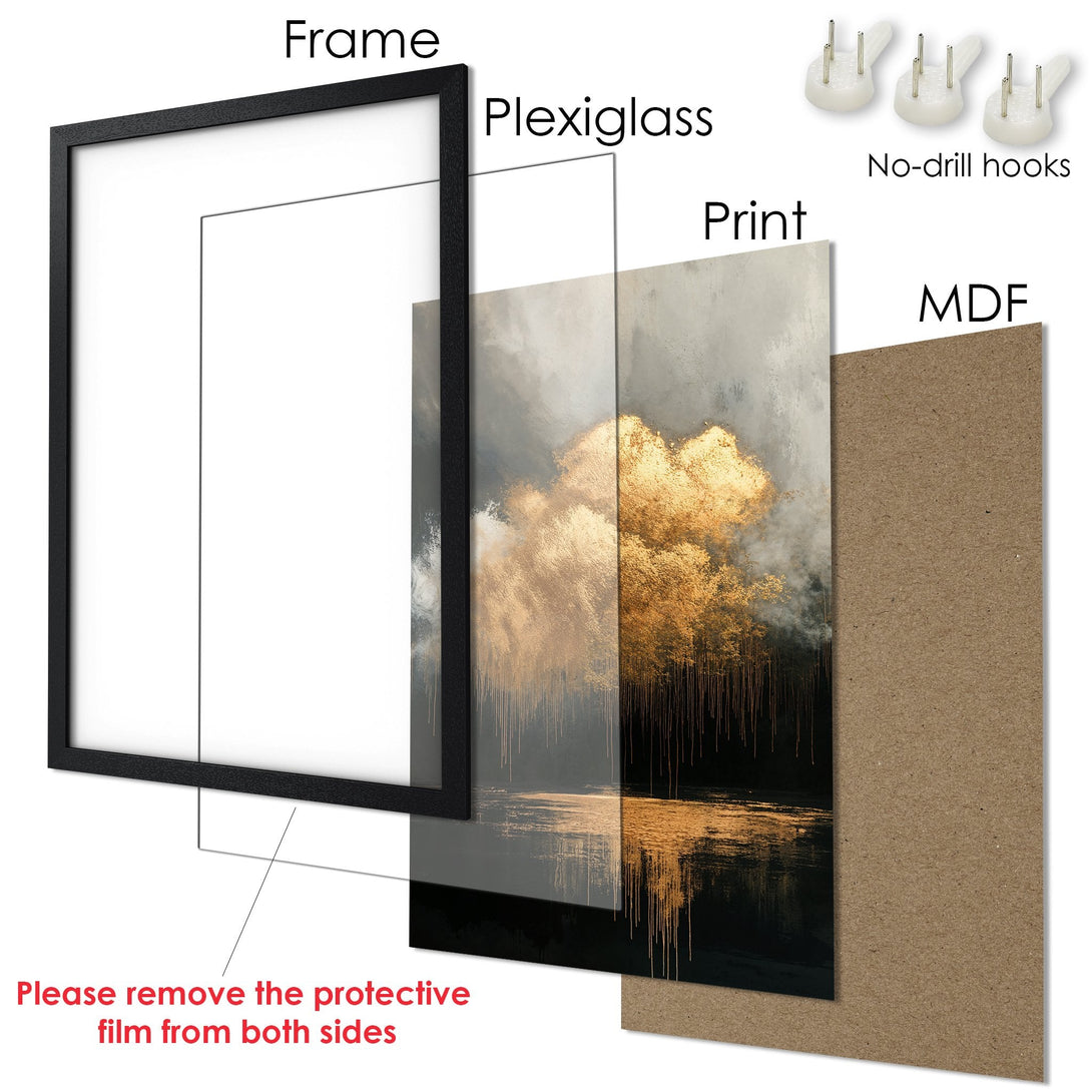 Framed Poster art featuring abstract gold and grey landscape. Modern style, perfect for home decor. Ready to hang!