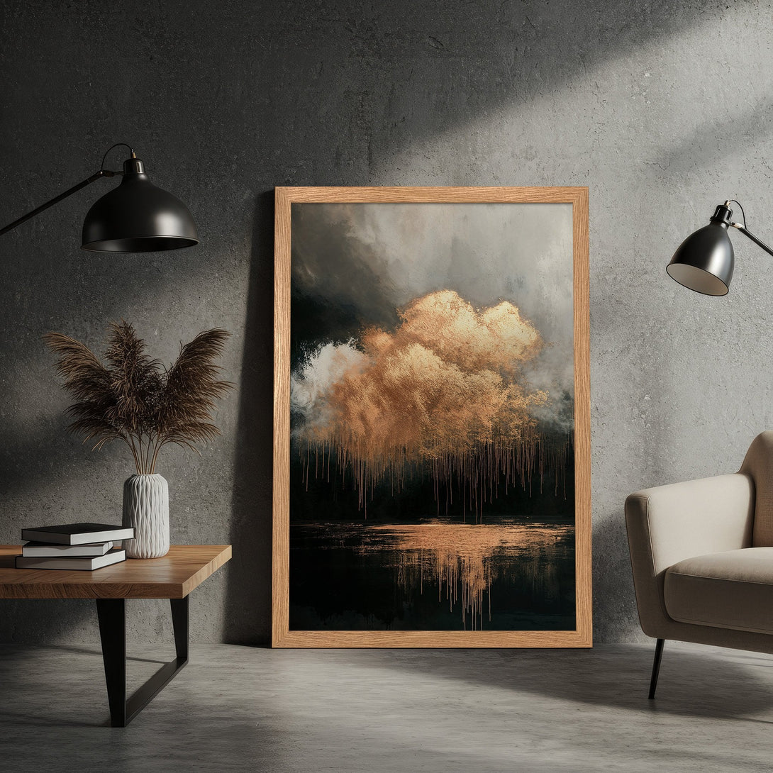 Framed Poster featuring abstract landscape art with gold and dark tones, perfect for modern home decor.