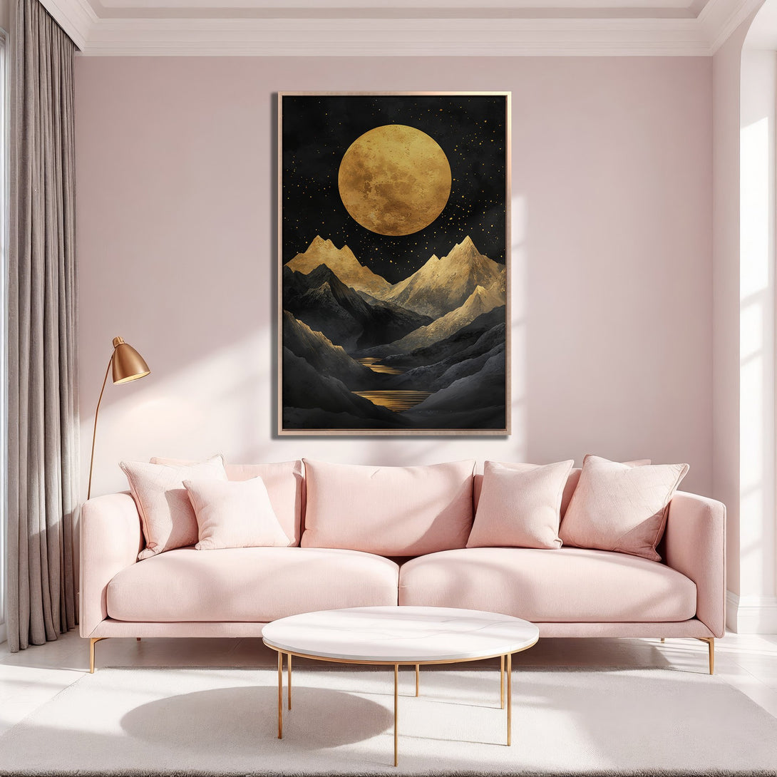 Framed Wall Art: Moonlit mountain landscape in gold and black. Perfect for adding a touch of elegance to any space. Shop now for stunning wall decor!