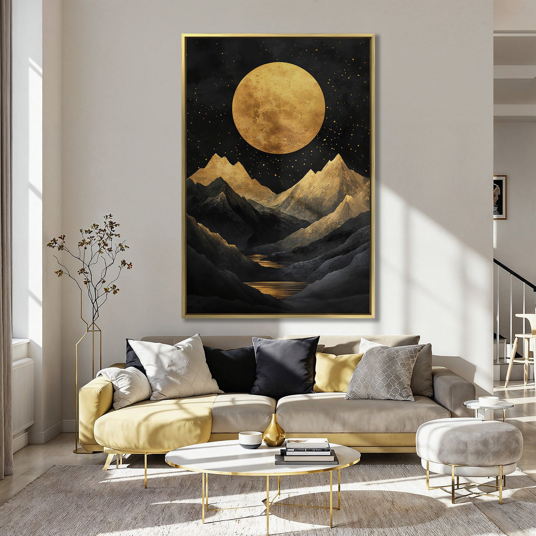Canvas Print: Majestic mountain landscape art with a golden moon, in a modern style. Features a black, gold, and gray color palette. Perfect wall decor.