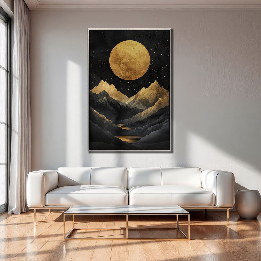 Framed Wall Art: Abstract mountain landscape with gold and black tones. Modern Canvas Print adds elegance to living room decor.