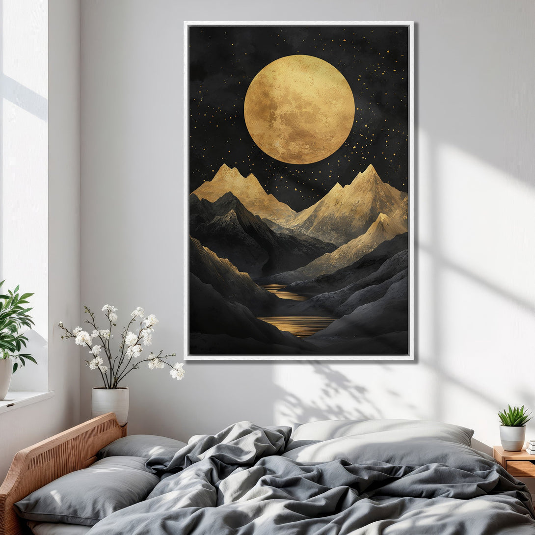 Framed Wall Art: Abstract mountain landscape with a golden moon. Dramatic black, gold, and gray color palette. Perfect for bedroom decor.