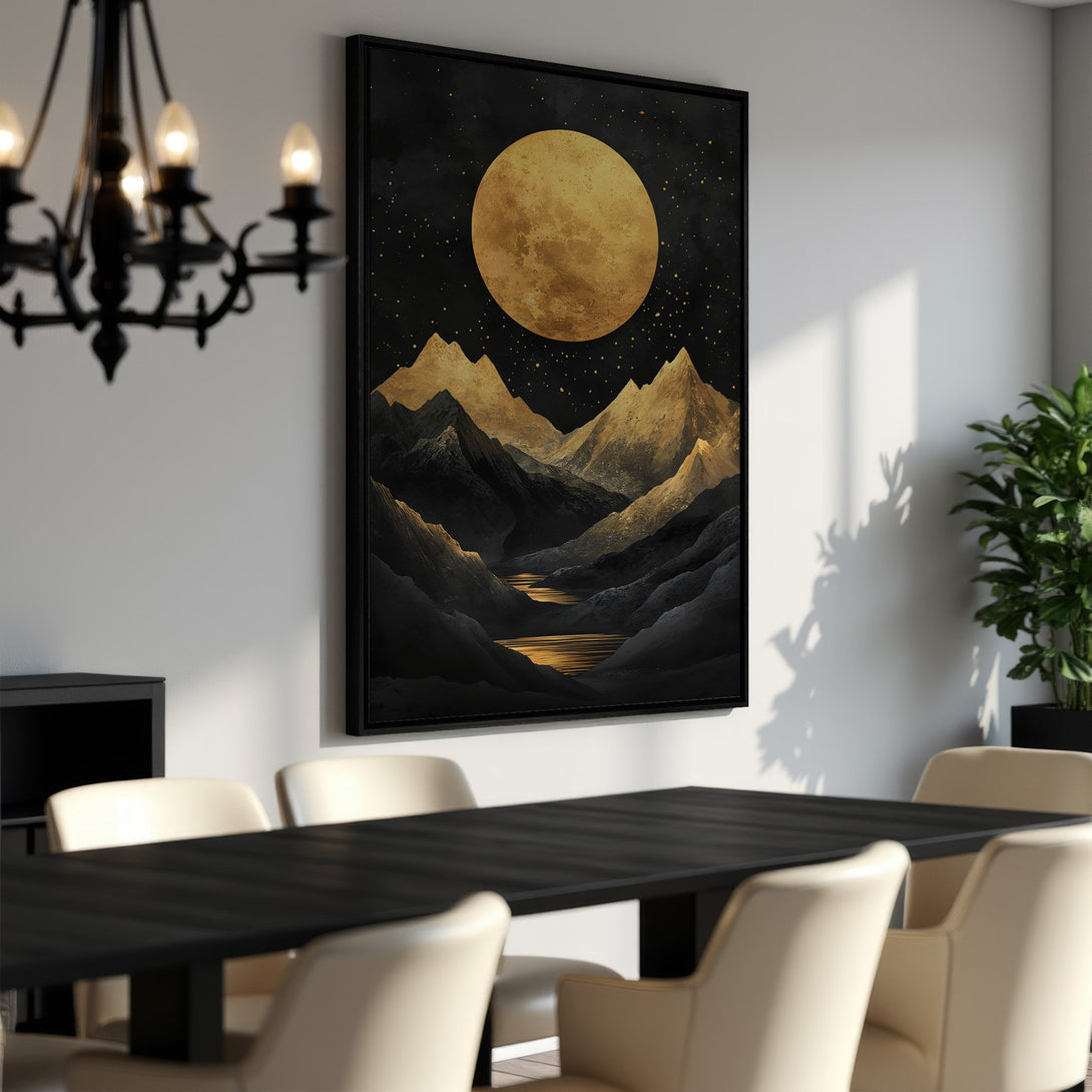 Framed Wall Art: Majestic moonlit mountain landscape in black and gold. Modern art canvas print adds elegance to any dining room. Shop now!