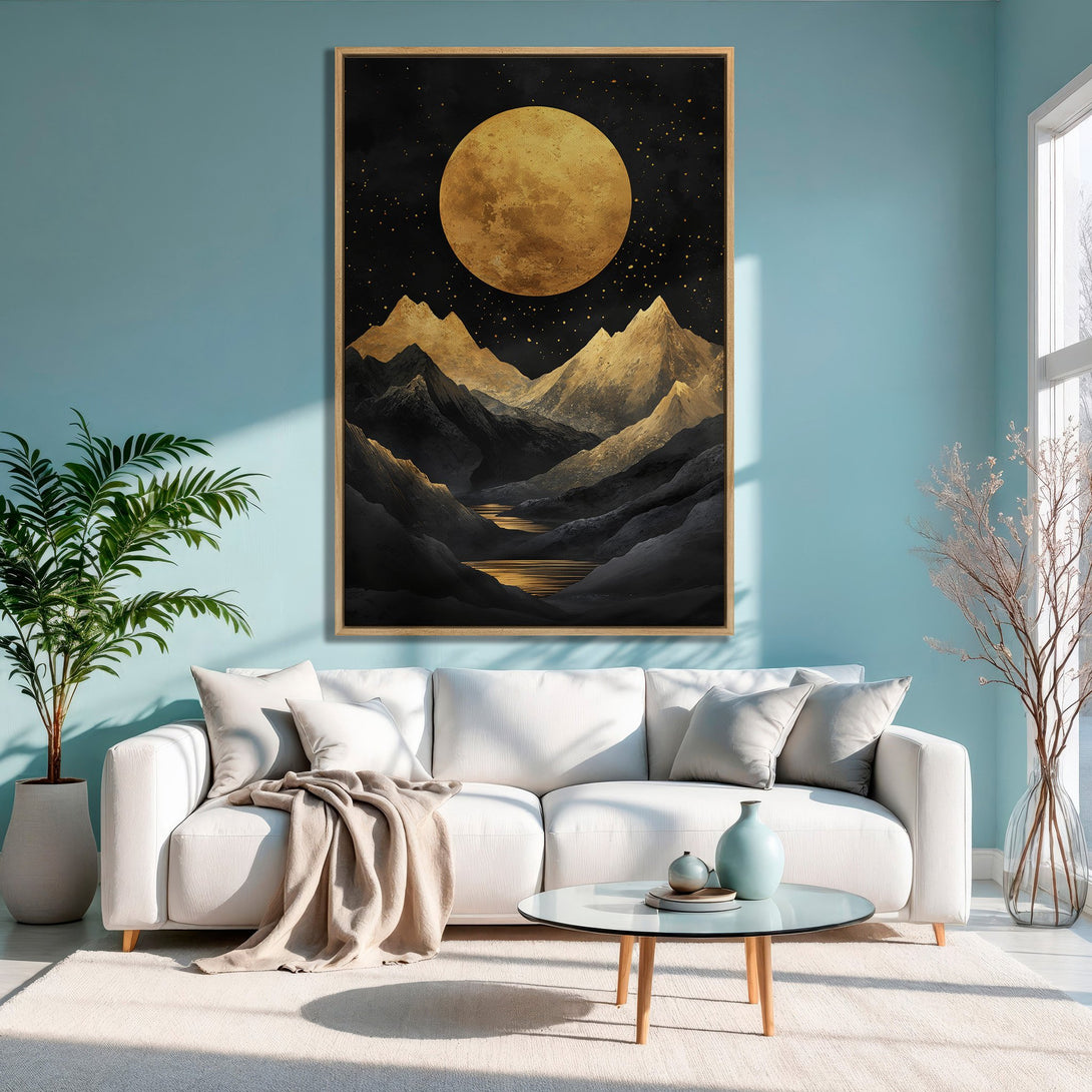 Framed Wall Art: Abstract landscape with gold moon and mountains. Dramatic black, gold, and teal color palette. Perfect for modern home decor.