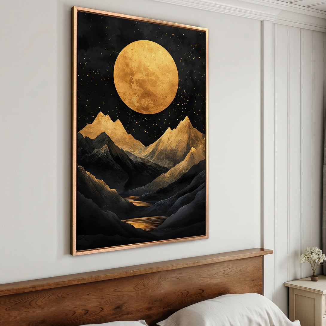 Framed Wall Art: Stunning gold moon & mountain landscape Canvas Print. Modern art with black, gold, & gray color palette. Elevate your home decor!