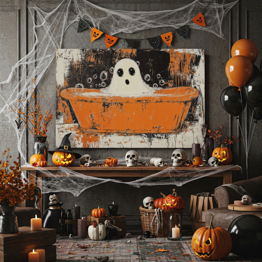 Framed Wall Art: Spooky ghost in a bathtub, abstract style, orange & black color palette. Perfect Halloween decor for your home!