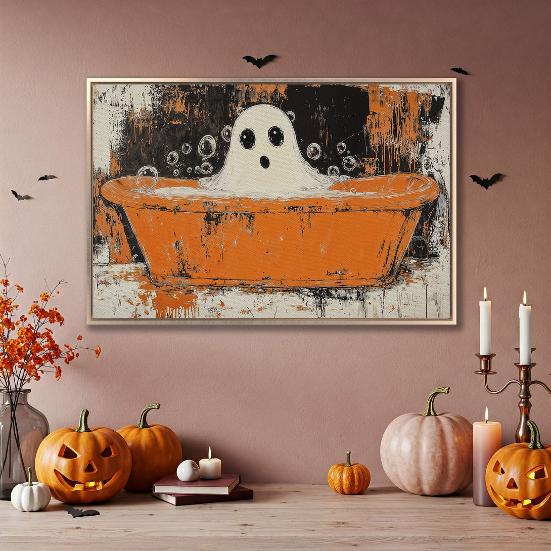 Framed Wall Art: Spooky ghost in a bathtub, abstract style, orange & black palette. Perfect Halloween decor!