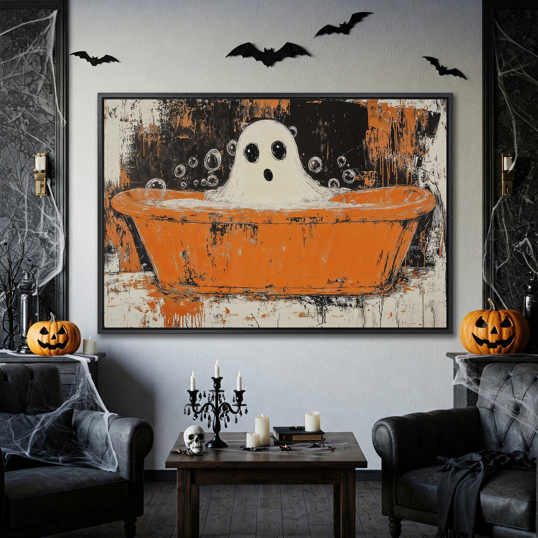 Framed Wall Art: Spooky ghost in a bathtub, abstract style, orange & black color palette. Perfect Halloween decor.