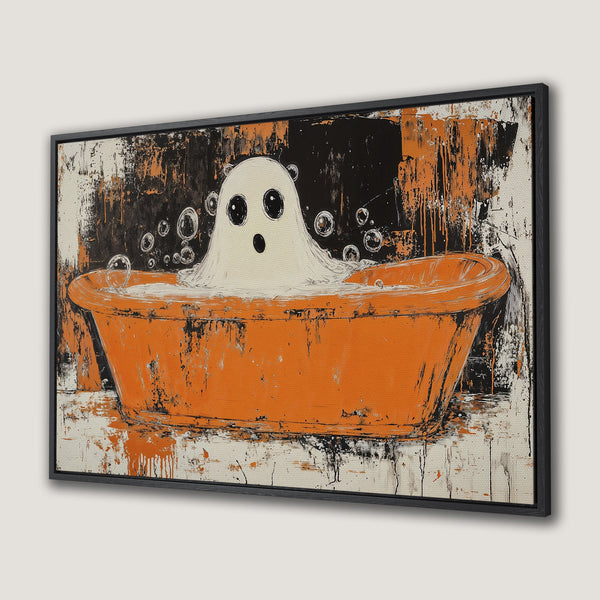 Framed Wall Art: Spooky ghost in a bathtub, abstract style. Orange, black, and white color palette. Perfect Halloween decor.